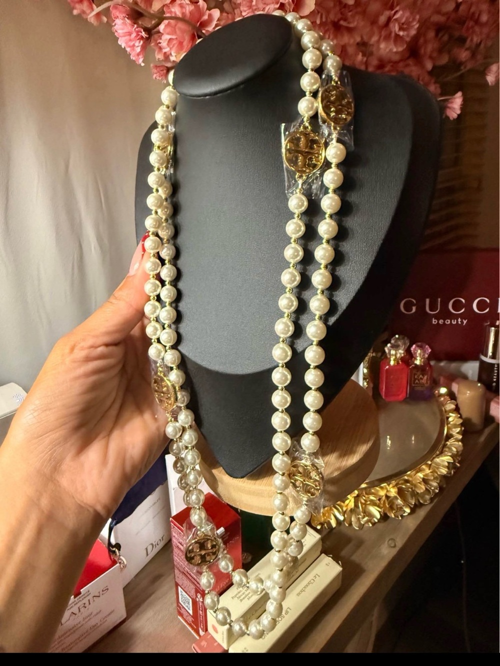 Tory Burch White Pearl Long Necklace with Gold Tory Logo